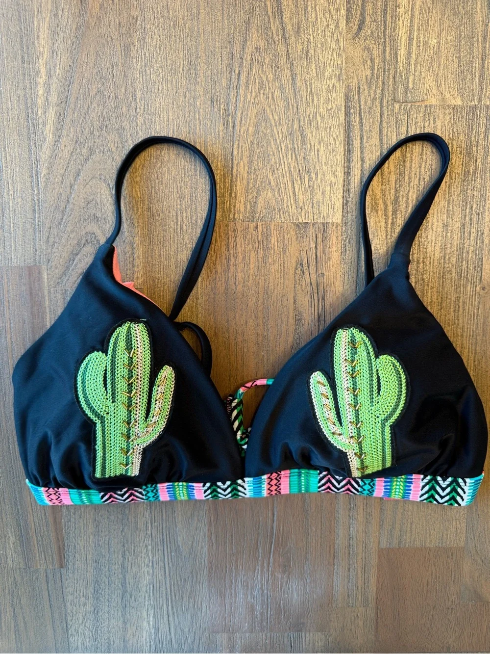 Xhilaration D/DD Cactus Embroidered Bikini Top Black Neon Southwest NWT